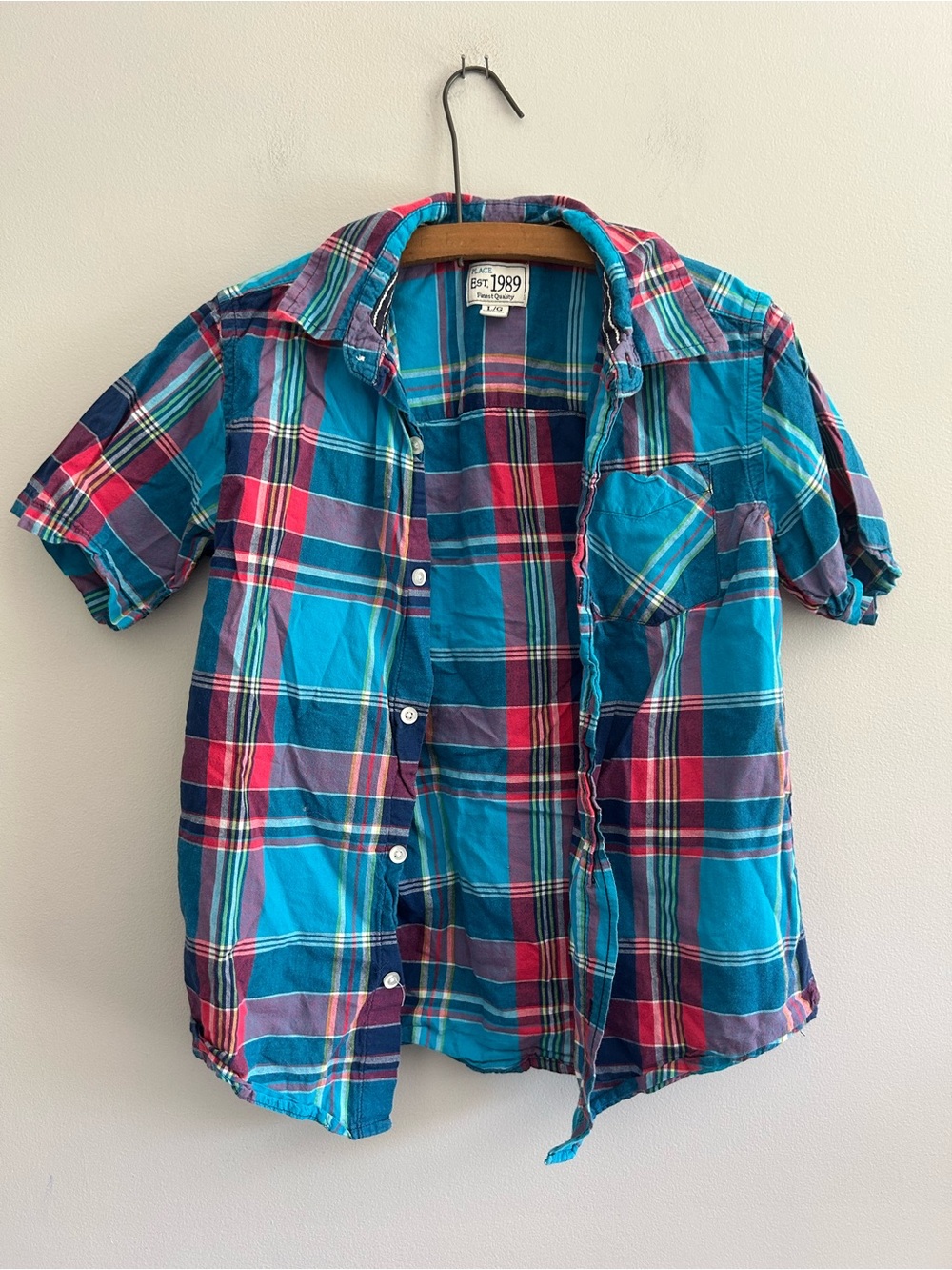 The children’s place boys 10/12 blue & Red Plaid Short Sleeve Button-Up Shirt